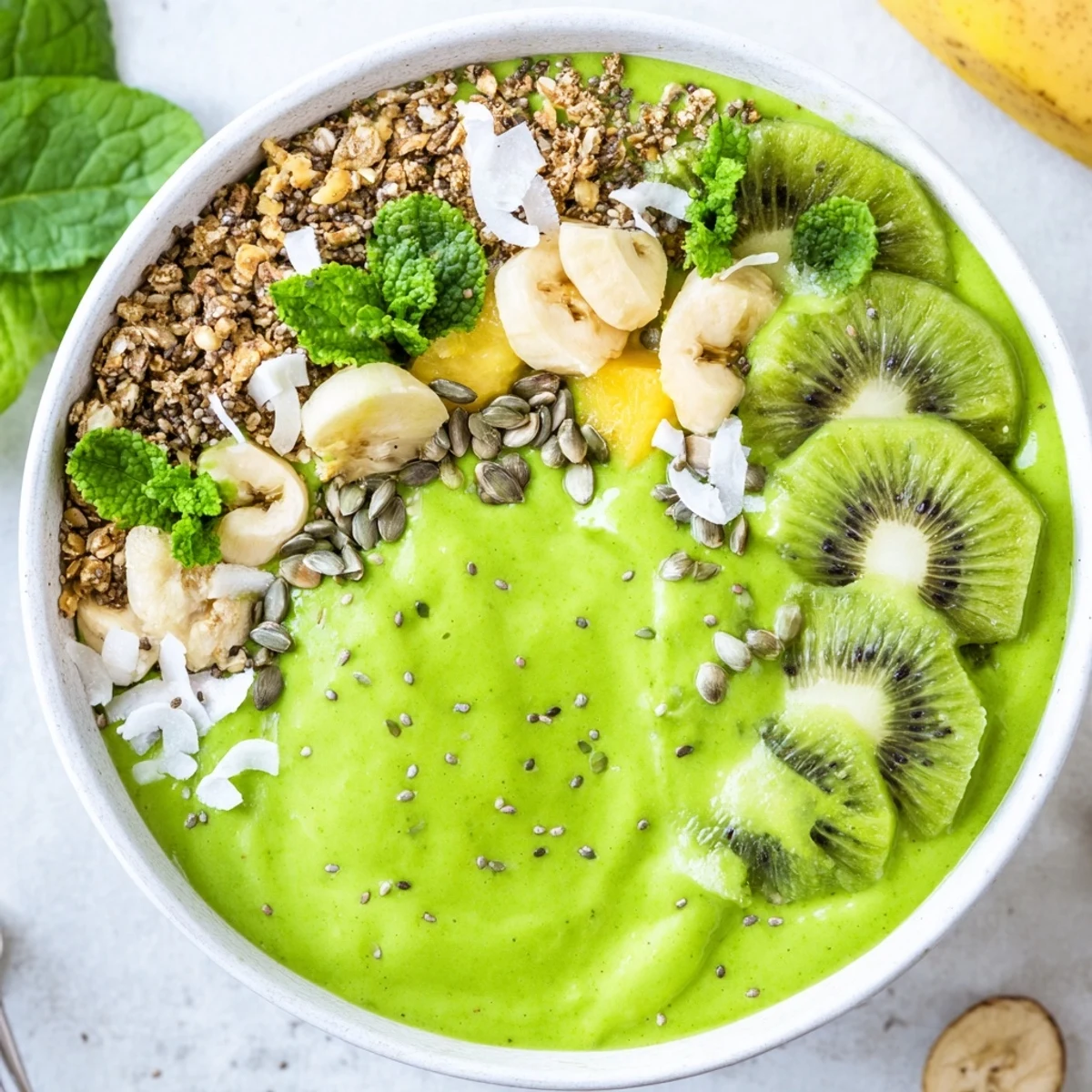 This thick, creamy Shamrock Green Smoothie Bowl features tropical fruit, leafy greens, and a sprinkle of seeds for a refreshing breakfast.  