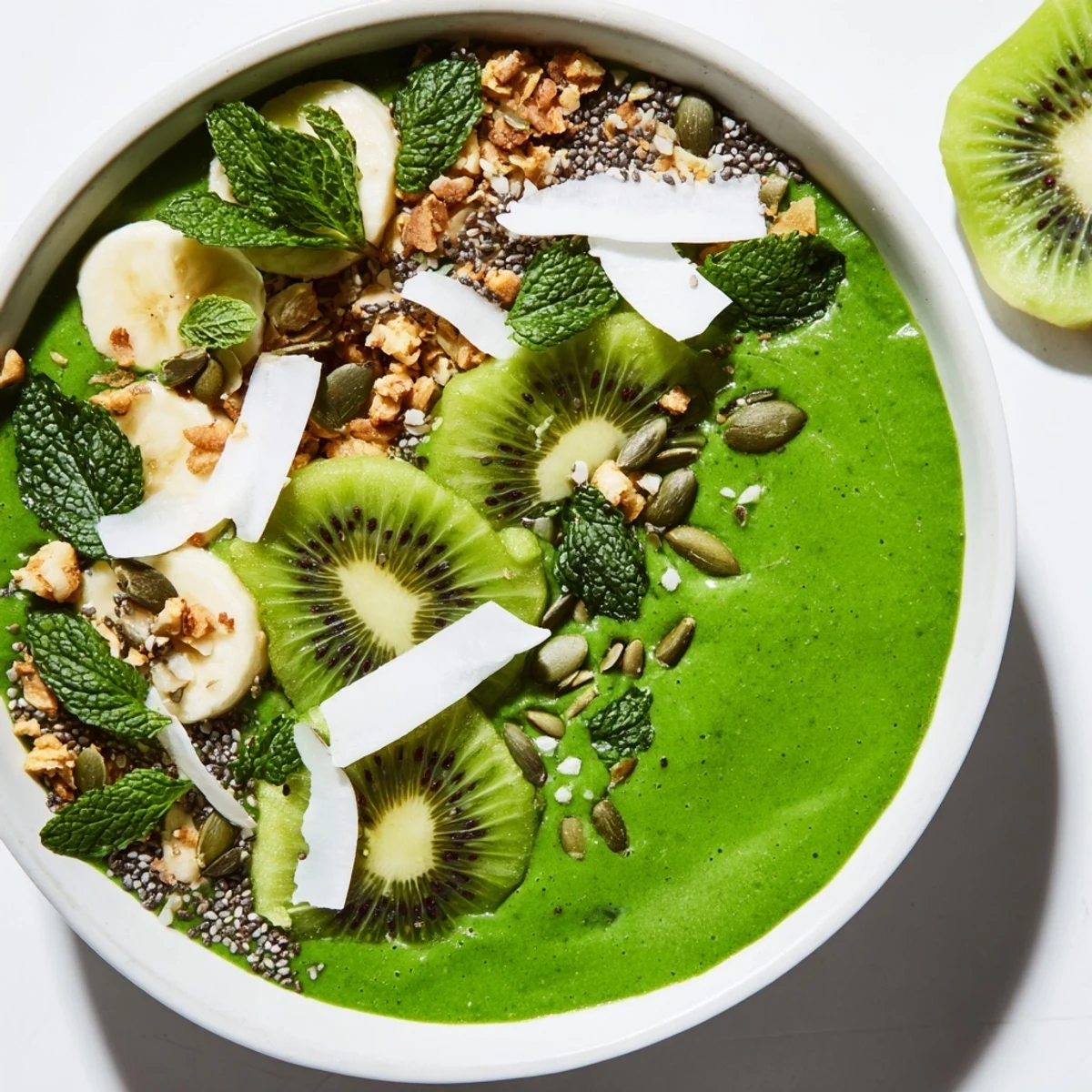 A close-up of the Shamrock Green Smoothie Bowl reveals its vibrant green hue, coconut flakes, and pumpkin seeds ready to enjoy.