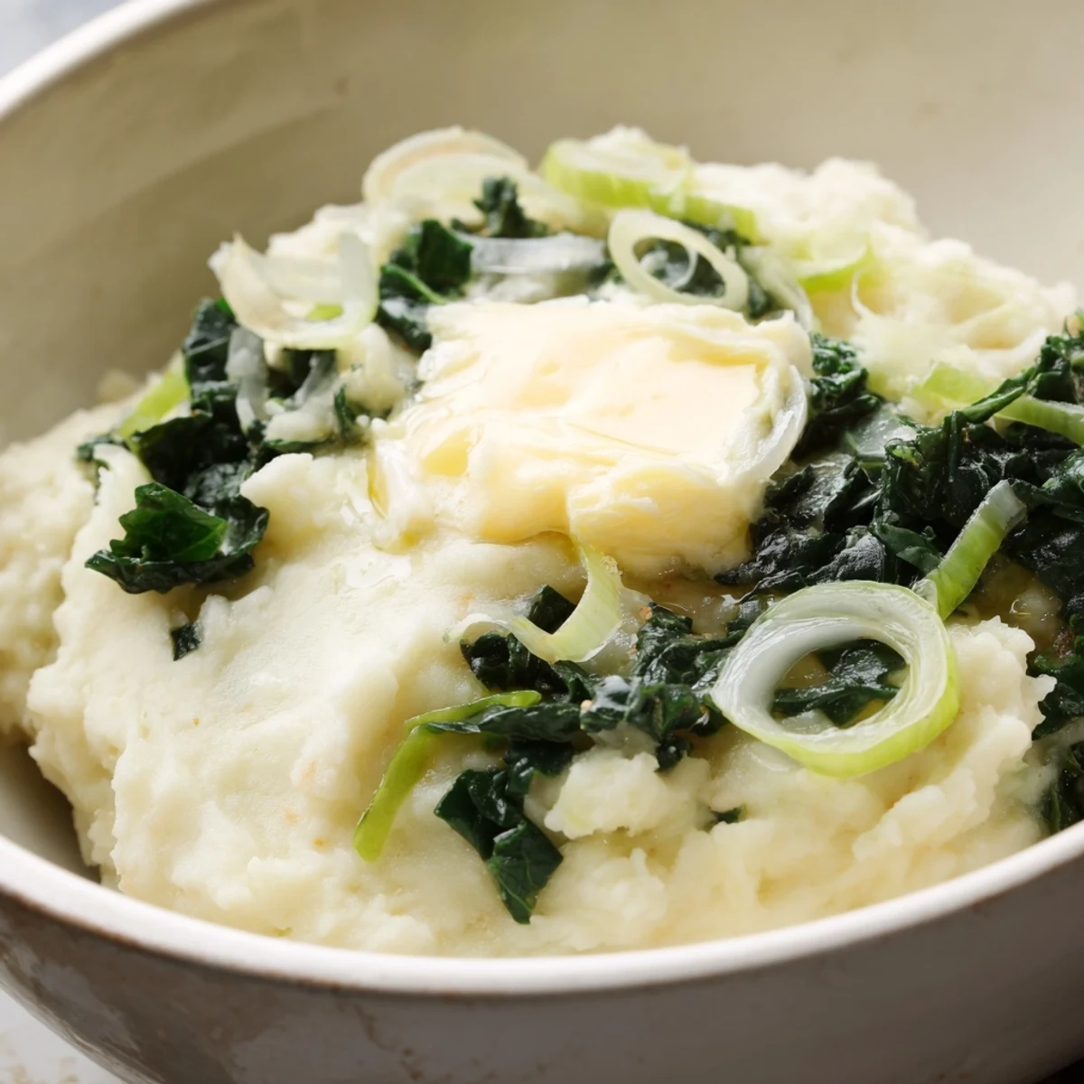 A rustic bowl of Traditional Colcannon Mashed Potatoes with Kale, studded with tender greens and scallions.