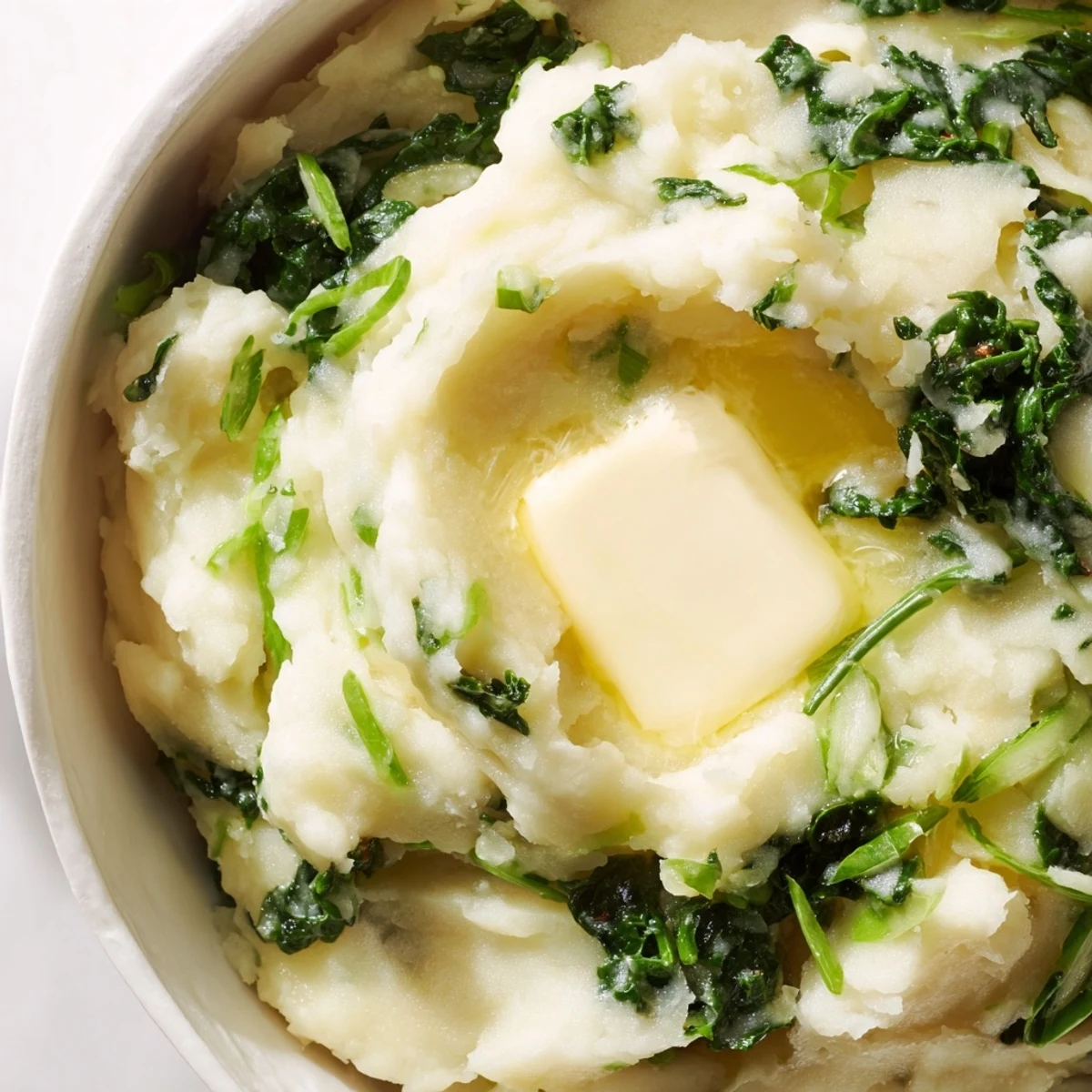 Steam rises from a side dish of Traditional Colcannon Mashed Potatoes with Kale, ready to be enjoyed.