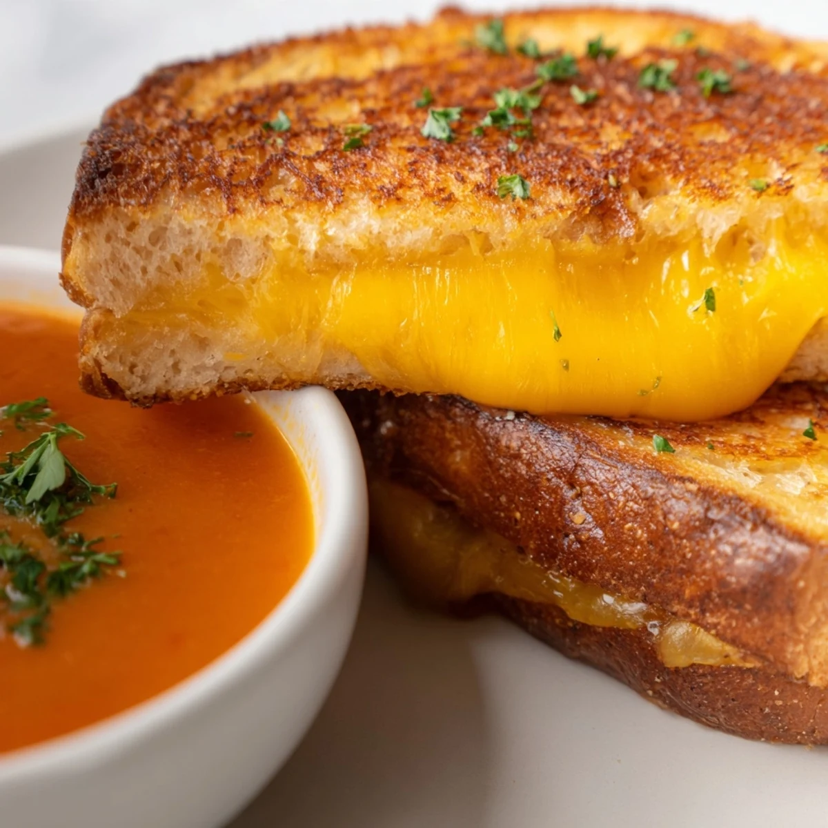 A bowl of creamy Creole Tomato Soup garnished with fresh parsley, served alongside golden, melty grilled cheese sandwiches on a rustic wooden table.