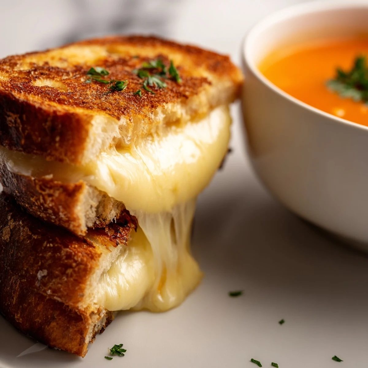 Steaming Creole Tomato Soup with a rich, reddish-orange hue, paired with crispy grilled cheese quarters perfect for dipping on a cozy kitchen counter.
