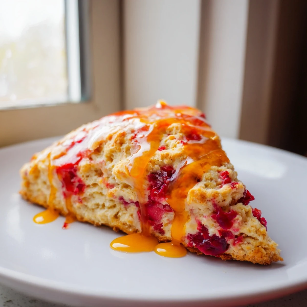 Freshly baked Cranberry Orange Scones with glaze drizzled over the golden, crumbly tops on a rustic wooden table.  