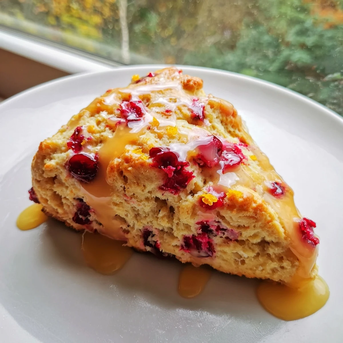 Close-up of a Cranberry Orange Scone showing juicy cranberries and orange zest in the tender crumb, drizzle dripping down the side.