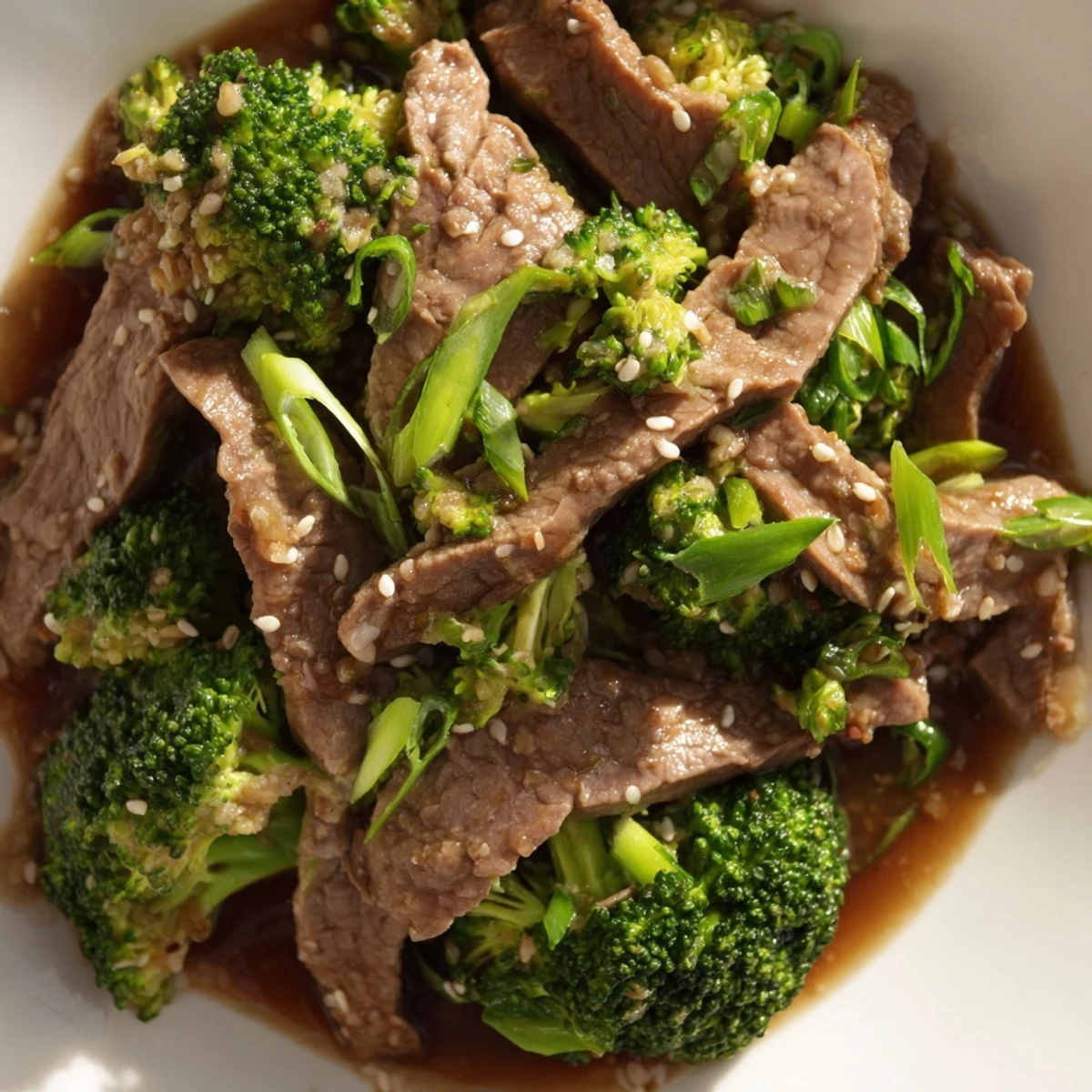 Steaming beef and broccoli stir fry with ginger fills a white bowl, garnished with sesame seeds and green onions for a quick dinner.  