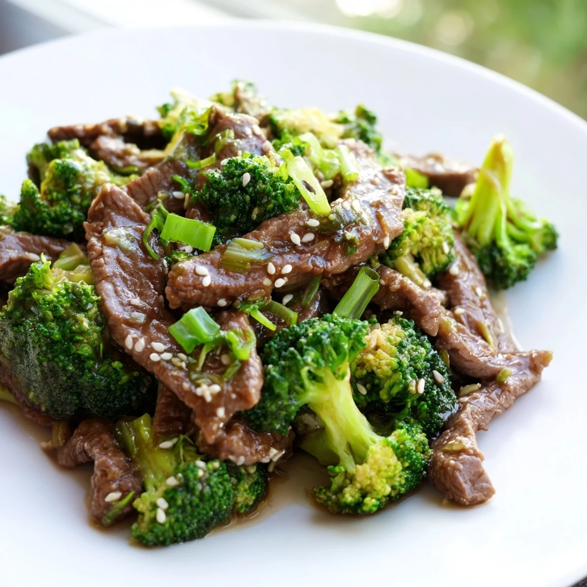 A close-up of glossy beef and broccoli stir fry with ginger, served over fluffy white rice with a drizzle of savory sauce.  