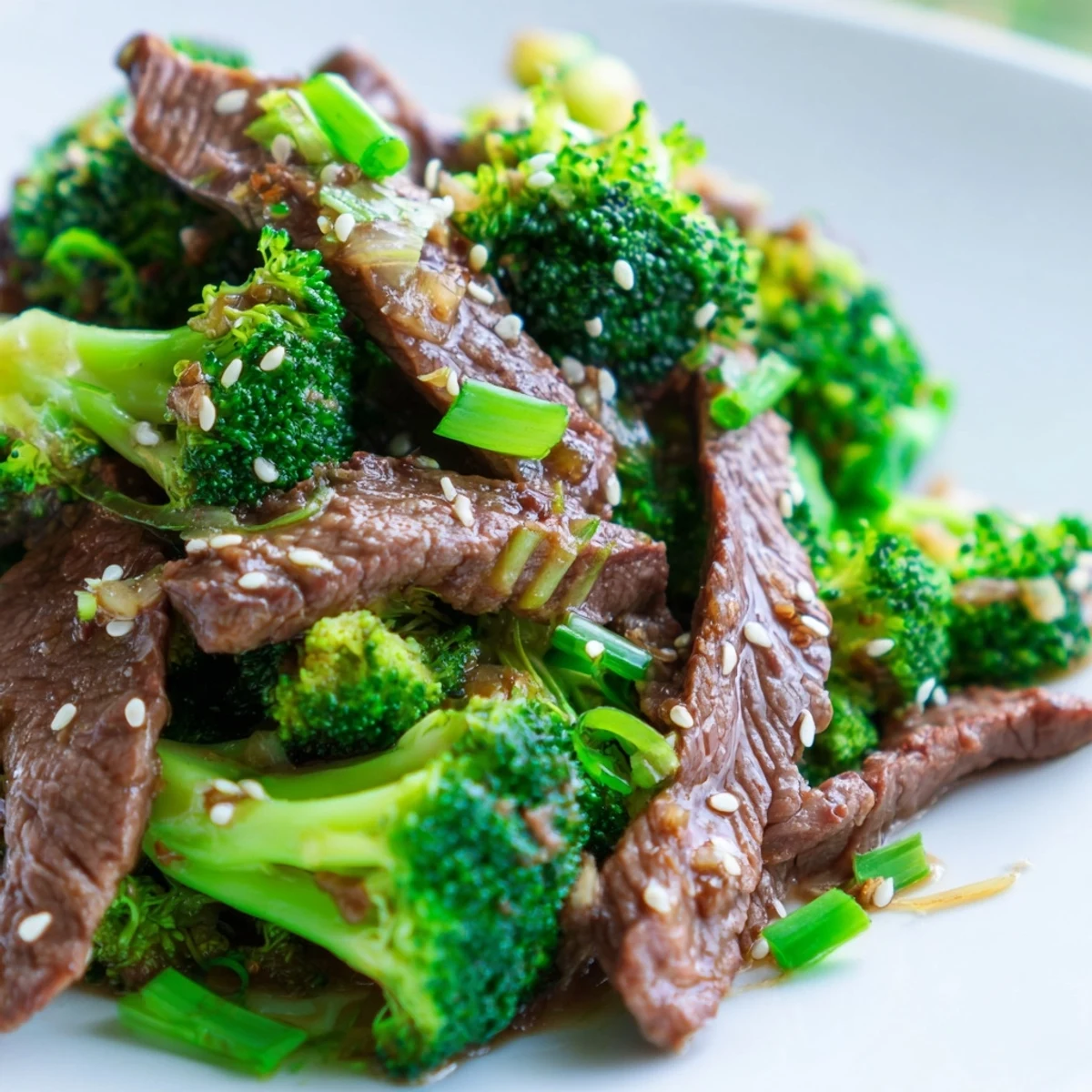 Vibrant beef and broccoli stir fry with ginger in a wok, showing crisp green florets and tender meat tossed in sauce.