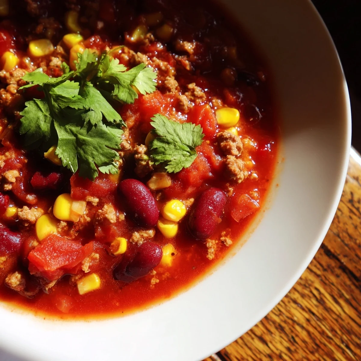 Savory turkey chili with kidney beans and sweet corn in a rich tomato base, served hot from the pot for a cozy dinner.