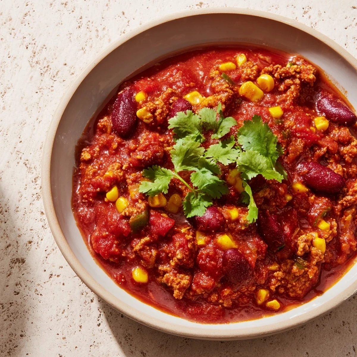 Close-up of hearty turkey chili with kidney beans and corn, featuring tender vegetables and spices in a thick, rustic sauce.