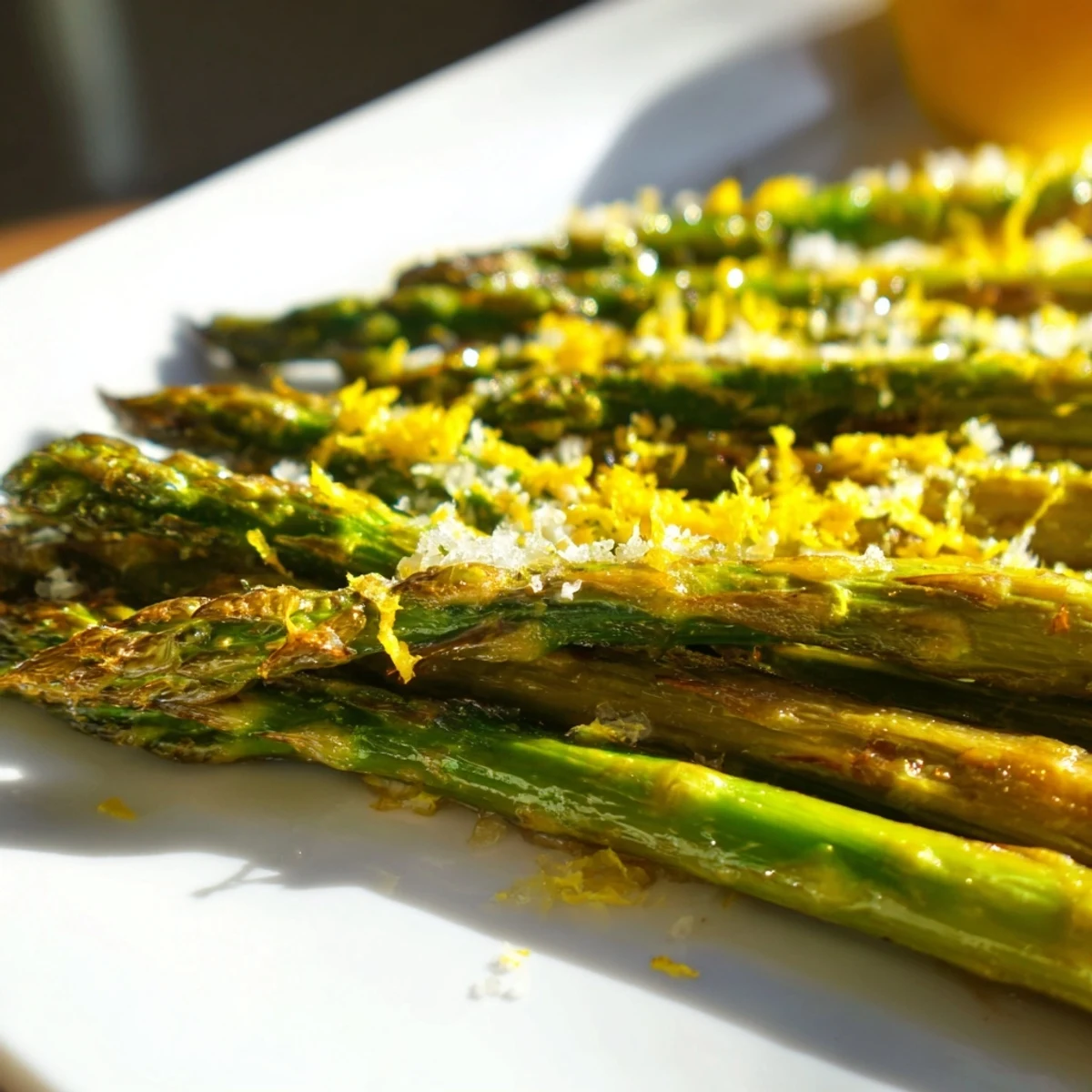 Golden roasted asparagus spears with Parmesan and lemon, ready to serve alongside grilled chicken or fish.  