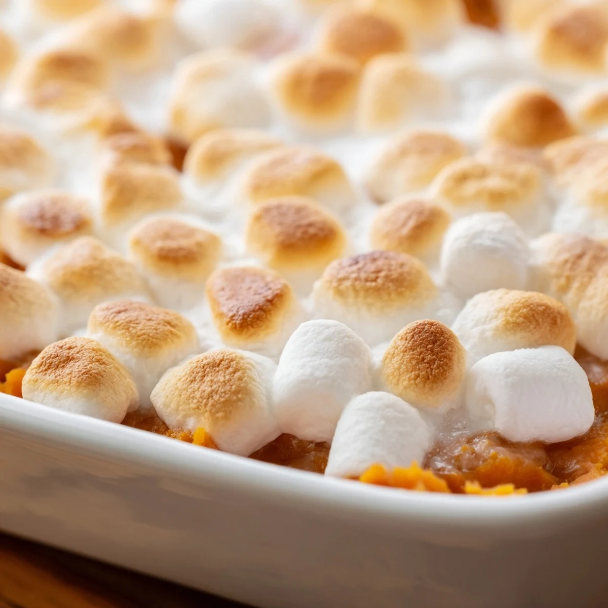 The finished Sweet Potato Casserole with Marshmallow Topping features creamy, cinnamon-spiced sweet potatoes crowned with a layer of golden-brown, toasted marshmallows.