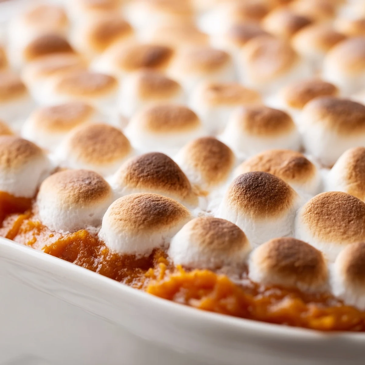 A spoonful of Sweet Potato Casserole with Marshmallow Topping reveals fluffy orange filling and gooey, melty marshmallows against a golden, bubbly crust.