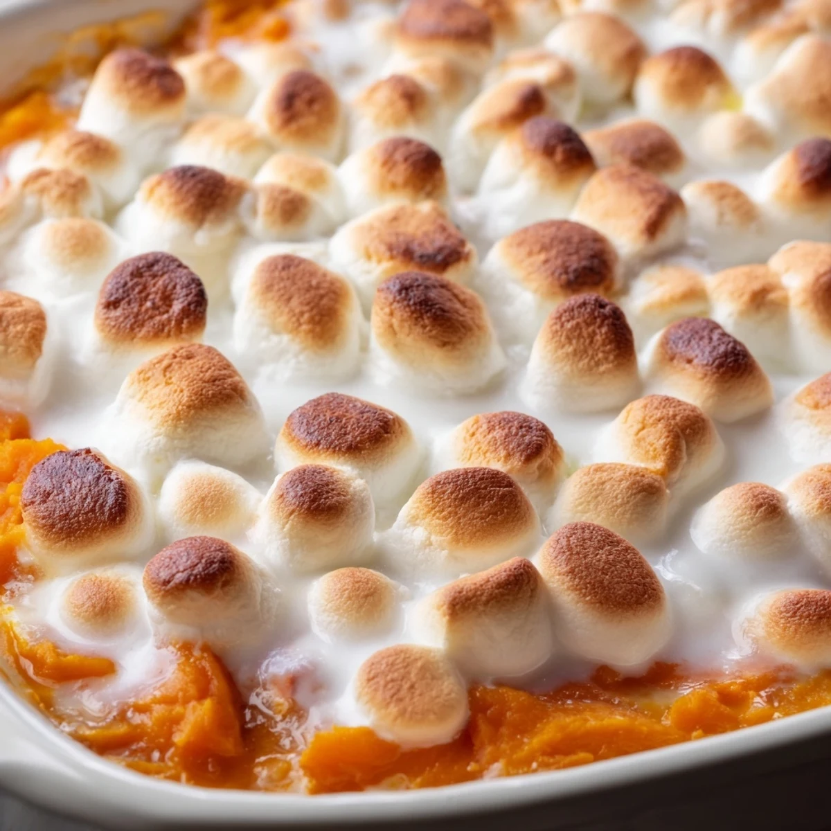 Serve this warm Sweet Potato Casserole with Marshmallow Topping as a festive side dish beside a glazed holiday ham or roasted turkey.