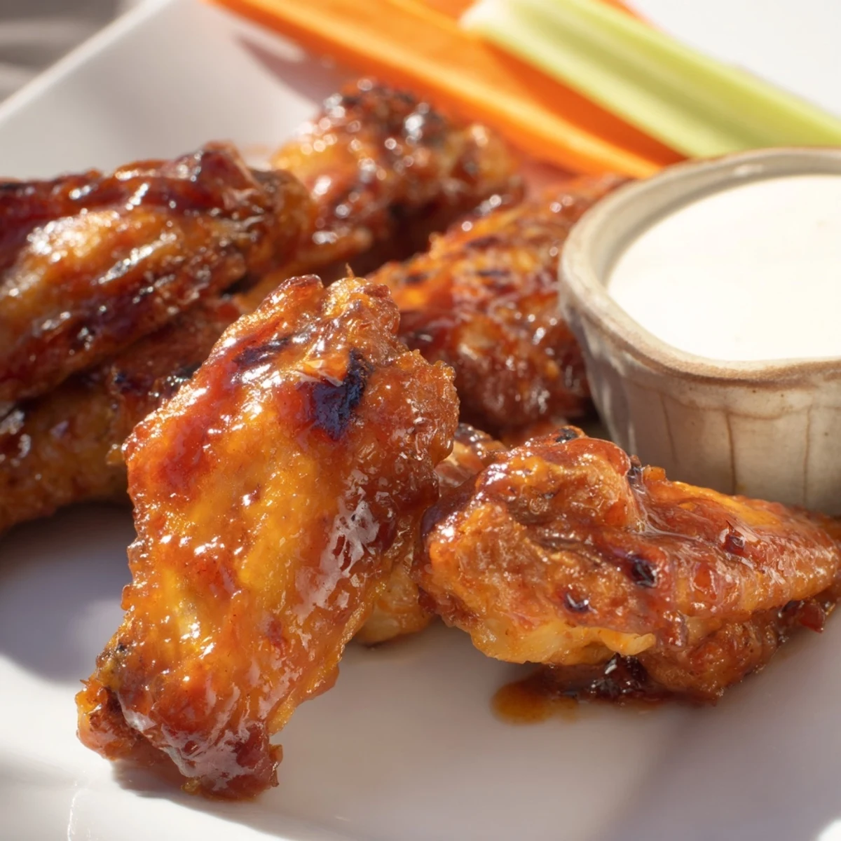 Golden-brown Touchdown BBQ Chicken Wings glazed in tangy barbecue sauce, served with creamy homemade ranch and fresh veggies for game day.