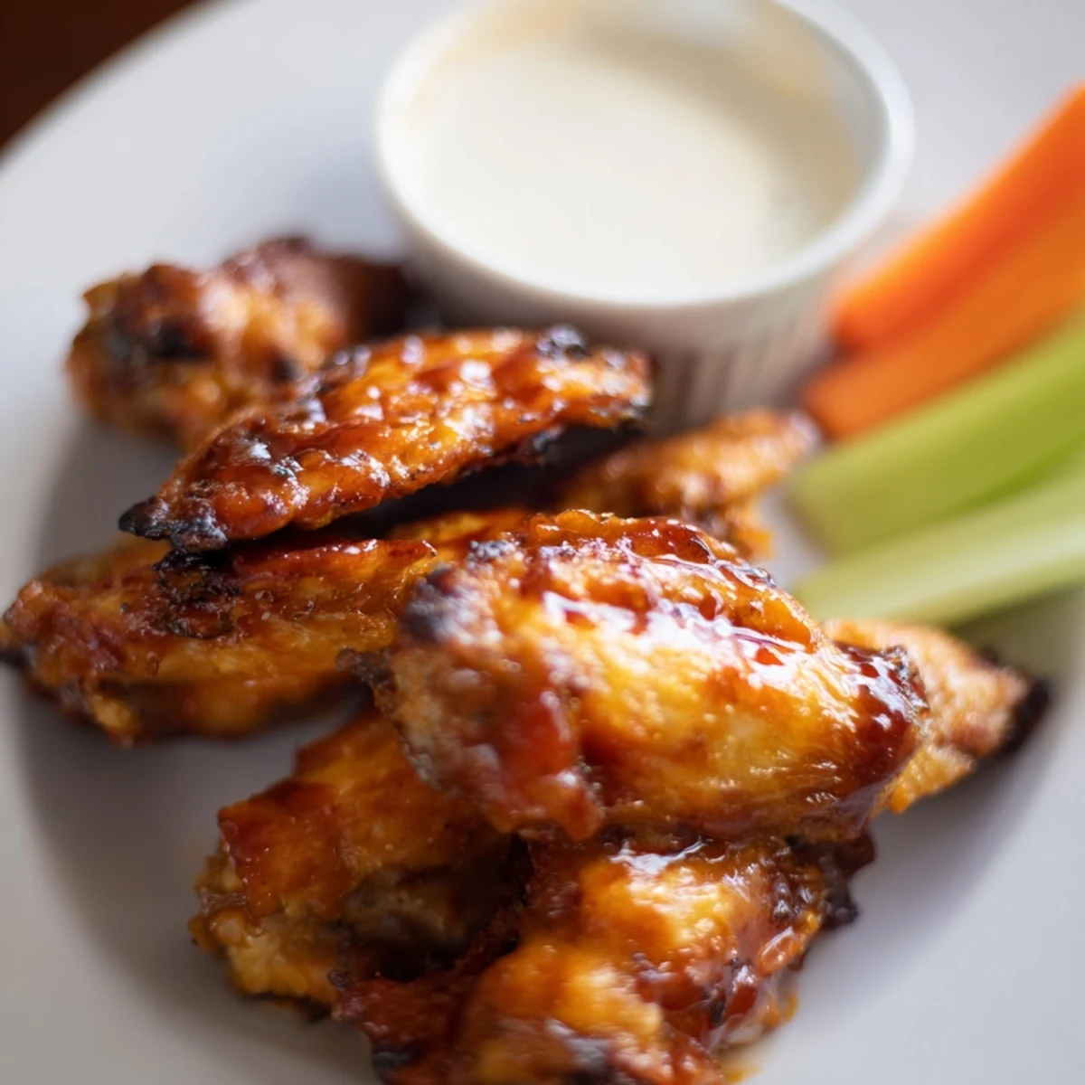 Crispy baked Touchdown BBQ Chicken Wings tossed in smoky barbecue sauce, drizzled with ranch dressing and arranged with celery and carrot sticks.