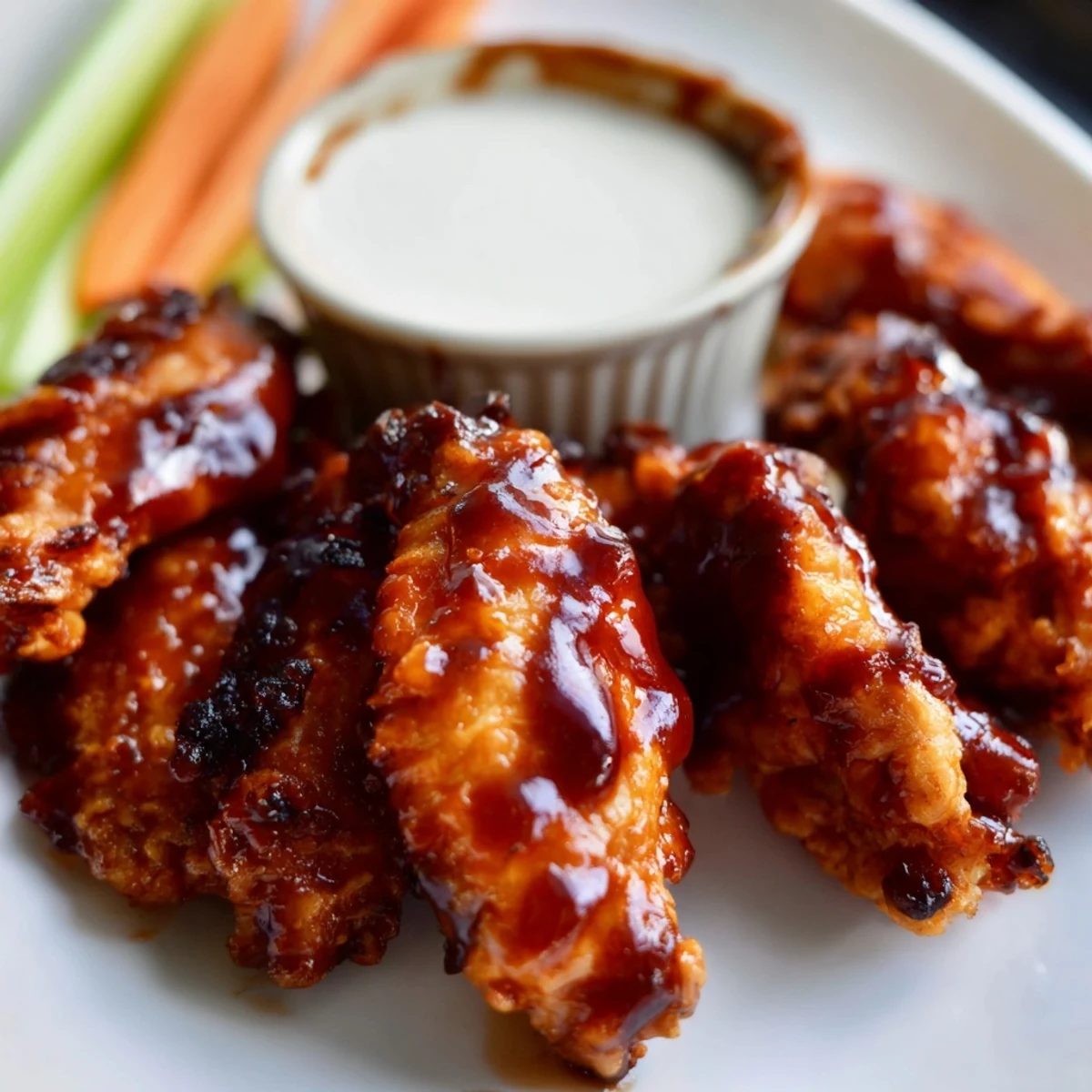 Freshly baked Touchdown BBQ Chicken Wings piled high, glistening with sticky barbecue glaze, alongside a bowl of creamy ranch and crisp celery.