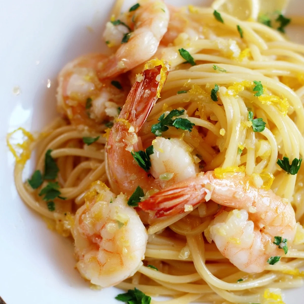 Bright, glistening lemon garlic shrimp scampi with linguine tossed in a rich butter sauce and fresh parsley.