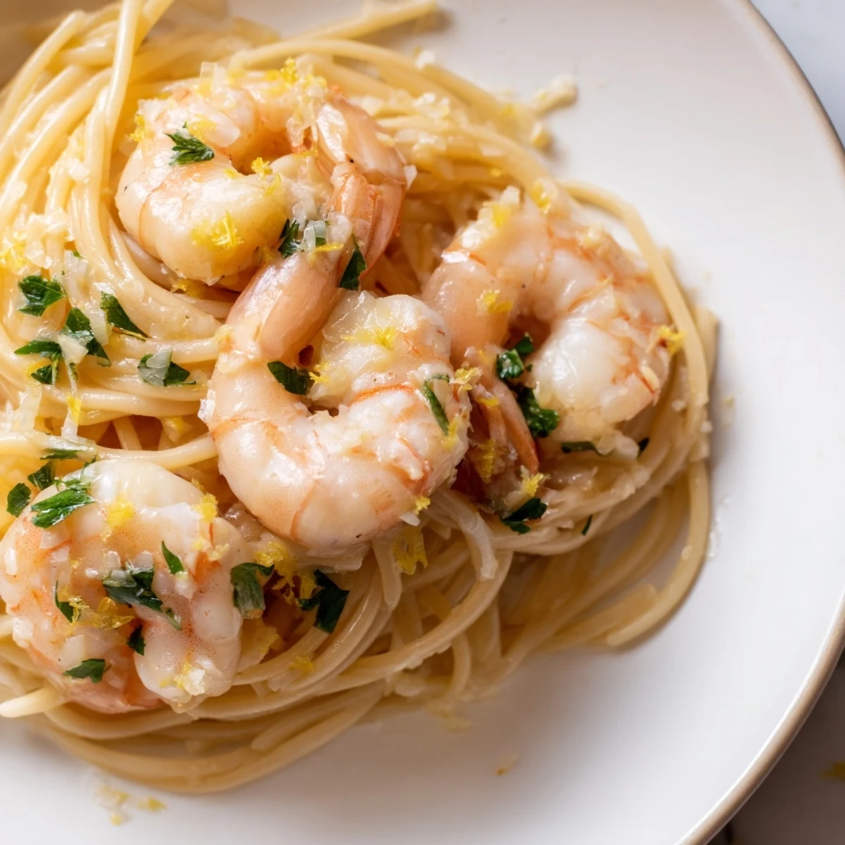 Sizzling pan of lemon garlic shrimp scampi with linguine, garnished with red pepper flakes and fresh parsley.