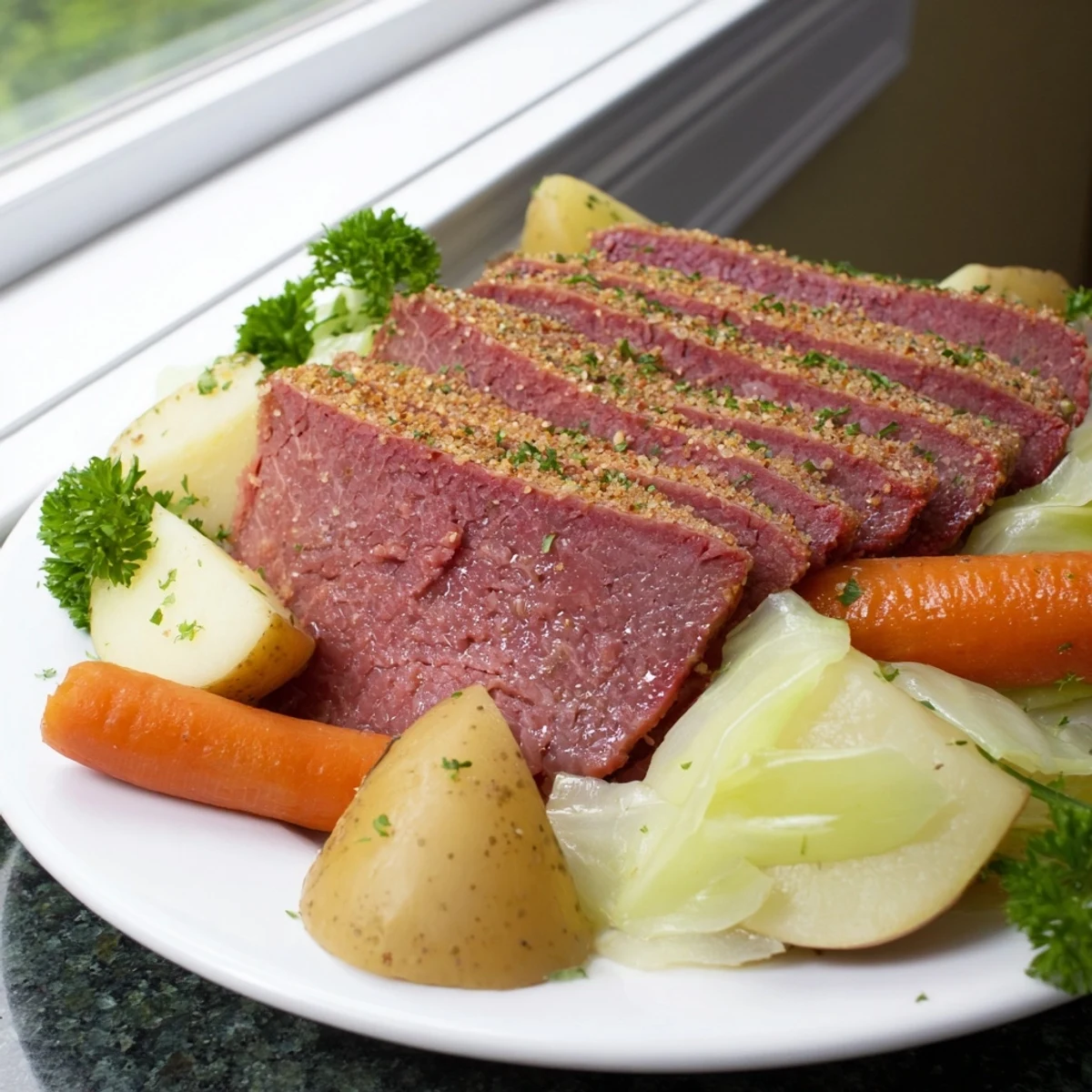 Slice of juicy Corned Beef and Cabbage with Potatoes served on a plate, garnished with fresh parsley and grainy mustard.  