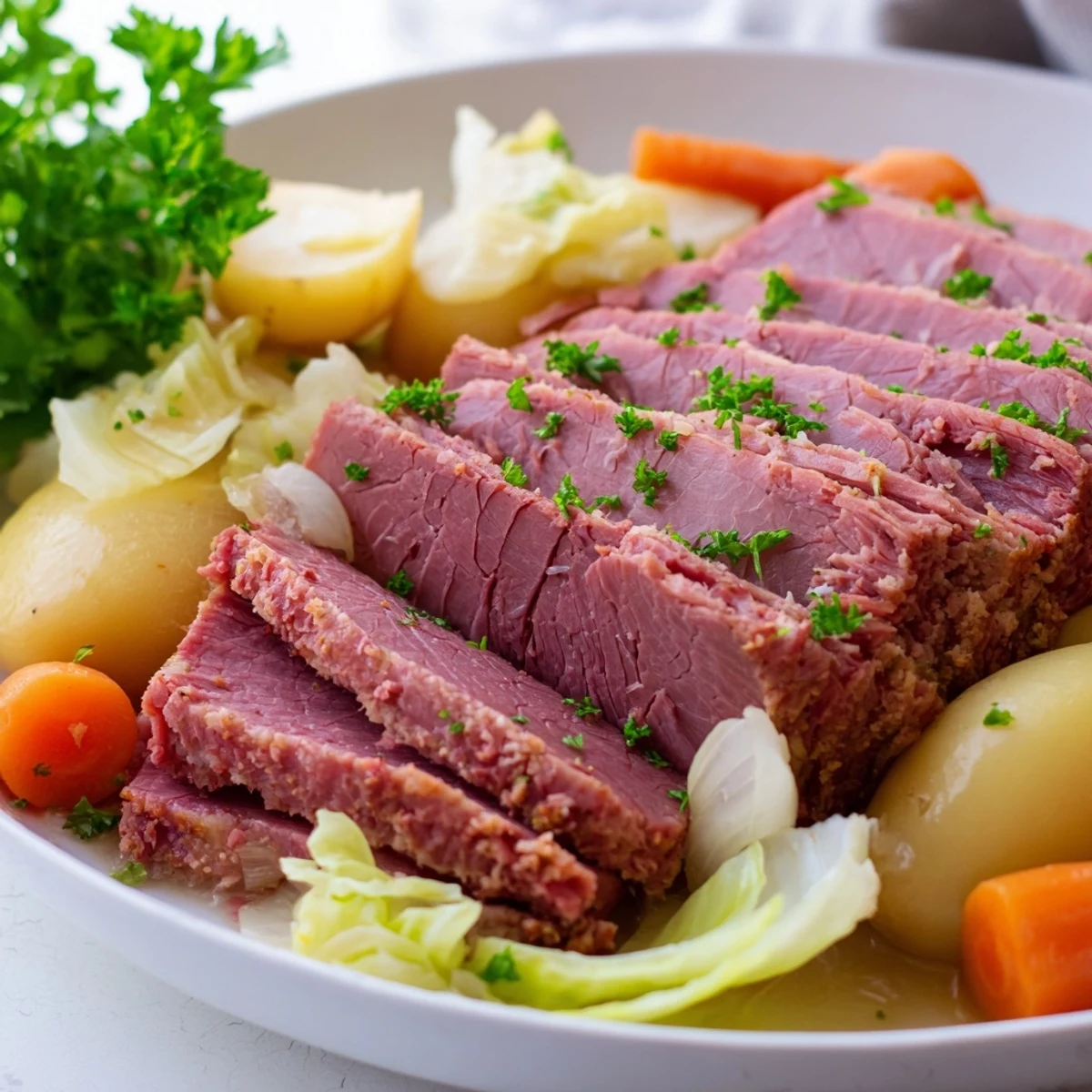 A steaming platter of Corned Beef and Cabbage with Potatoes, featuring tender beef, soft potatoes, and wilted cabbage wedges.