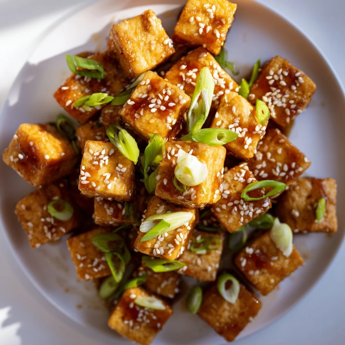 Golden-brown Crispy Air Fryer Tofu with Soy Glaze is served warm with sesame seeds and fresh green onions.