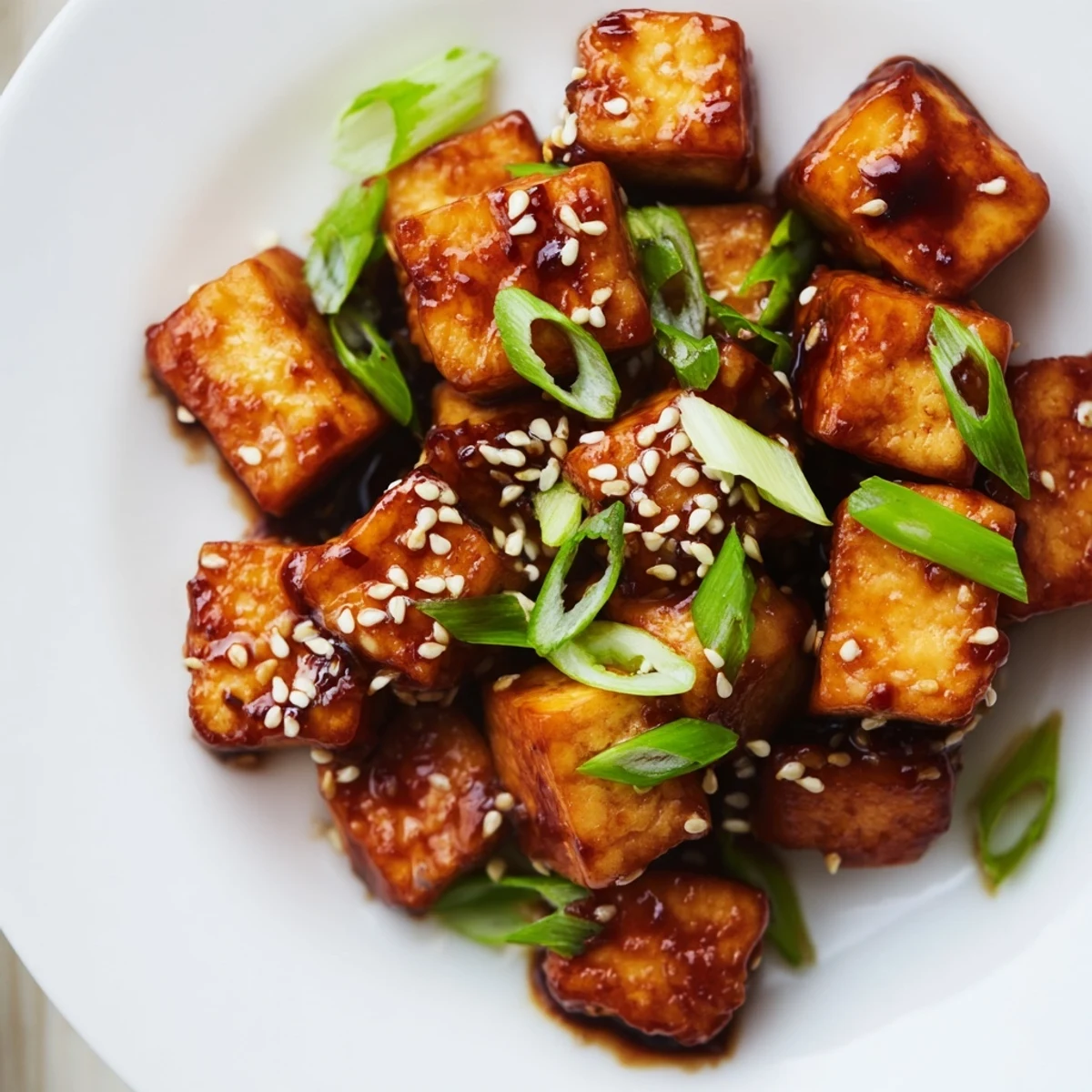 Close-up of Crispy Air Fryer Tofu with Soy Glaze revealing sticky, glossy coating and crunchy, caramelized edges.