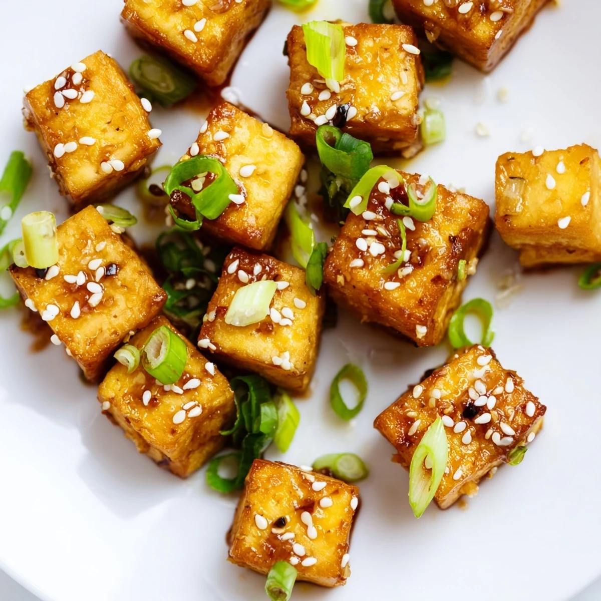 Appetizing Crispy Air Fryer Tofu with Soy Glaze plated next to fluffy white rice and chopsticks for dinner.