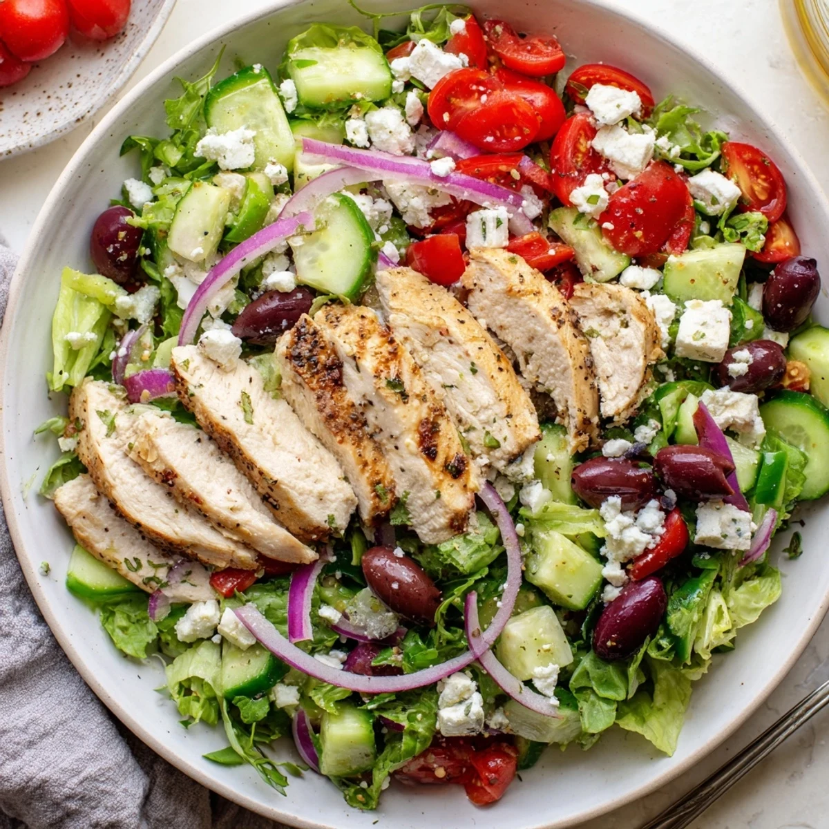 A vibrant Mediterranean Greek Salad with Chicken showcases juicy grilled chicken breast slices atop crisp cucumber, cherry tomatoes, and crumbled feta cheese, drizzled with a tangy lemon-oregano vinaigrette for a fresh, protein-packed meal.