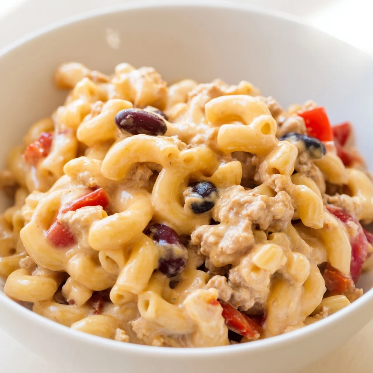 A steaming bowl of Turkey Chili Mac and Cheese reveals creamy orange cheddar sauce clinging to tender elbow macaroni, studded with lean ground turkey, diced red bell pepper, and beans.  