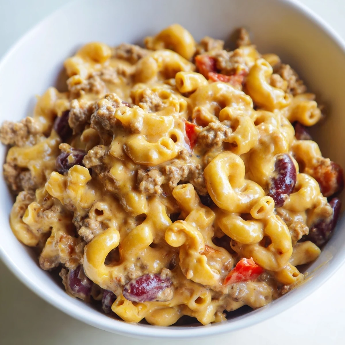 This comforting one-pot meal showcases golden, bubbly cheese melted over the hearty Turkey Chili Mac and Cheese, garnished with fresh cilantro and sliced green onions for a vibrant finish.  