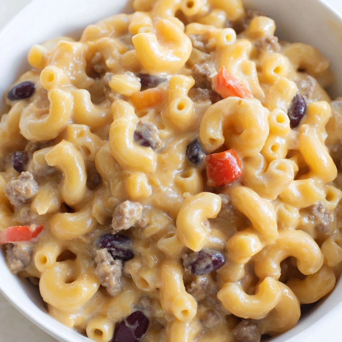 Hearty Turkey Chili Mac and Cheese is served in a rustic bowl, with a dollop of sour cream and a sprinkle of fresh cilantro, ready for a satisfying weeknight dinner.