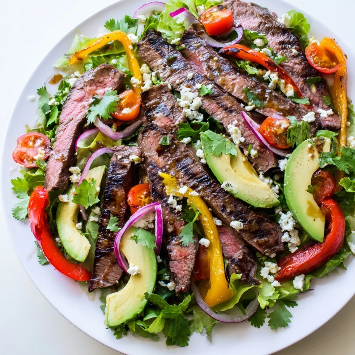 A hearty Beef Fajita Salad featuring smoky marinated steak, charred veggies, and zesty lime dressing, served over a bed of crisp mixed greens.  