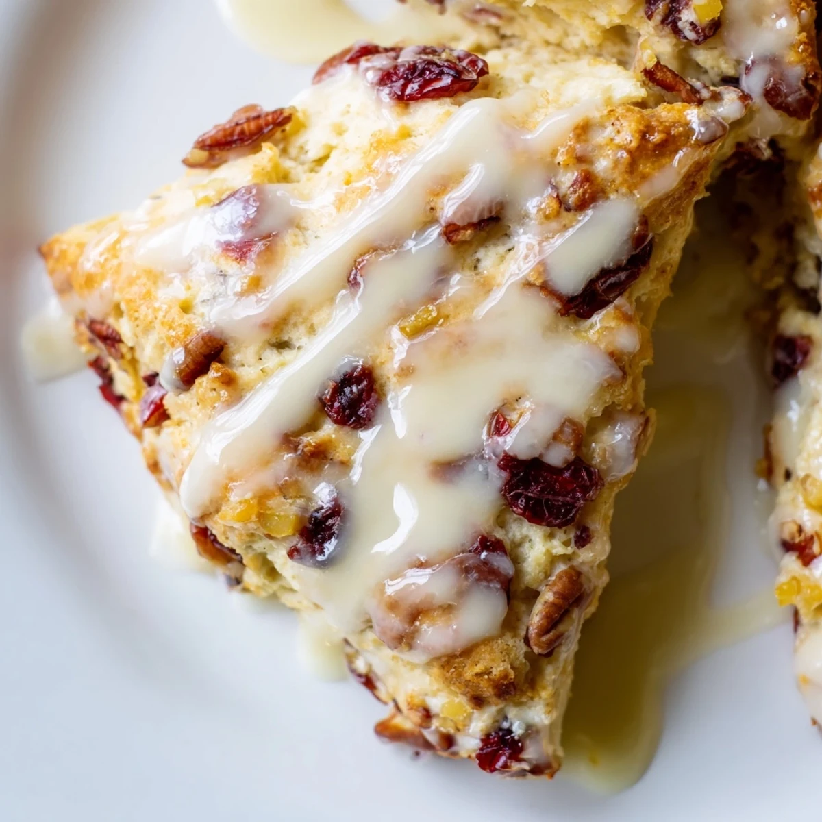 Freshly baked Cranberry Orange Scones drizzled with sweet citrus glaze, served warm on a rustic wooden table.