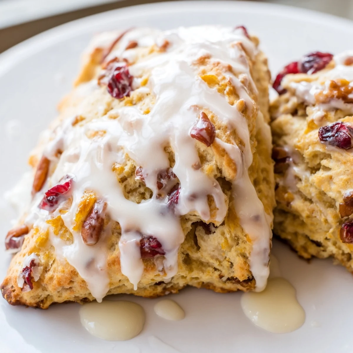 Moist and flaky Cranberry Orange Scones topped with white drizzle, arranged on a cooling rack with fresh cranberries.