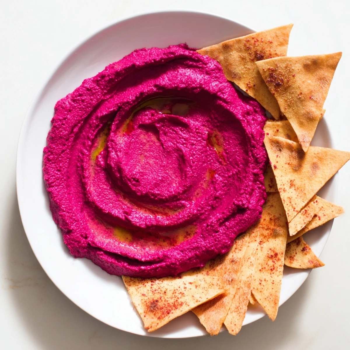 A close-up of vibrant pink Roasted Beet Hummus in a white bowl, garnished with olive oil and served alongside golden-brown homemade pita chips.