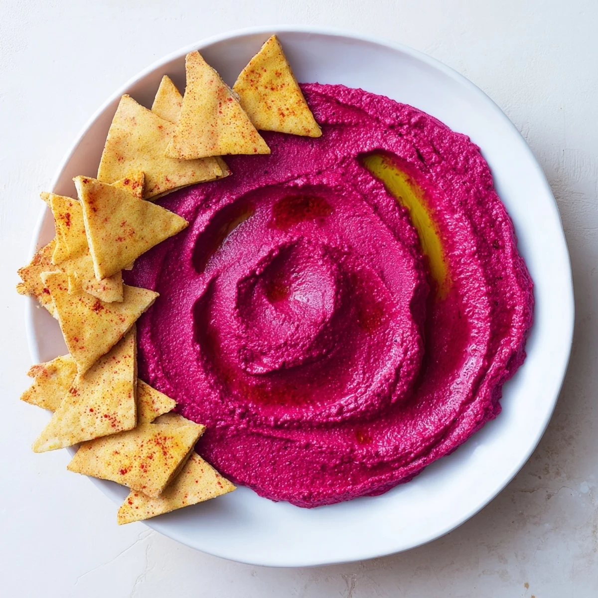 A rustic wooden board displays the finished Roasted Beet Hummus with crunchy pita chip triangles, perfect for a colorful appetizer spread.