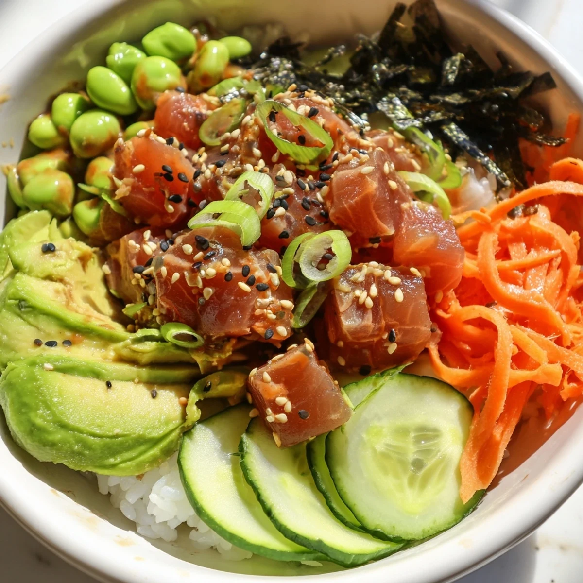 A colorful, ready-to-eat Spicy Tuna Poke Bowl featuring marinated tuna, crisp cucumber, and a spicy sriracha mayo drizzle.