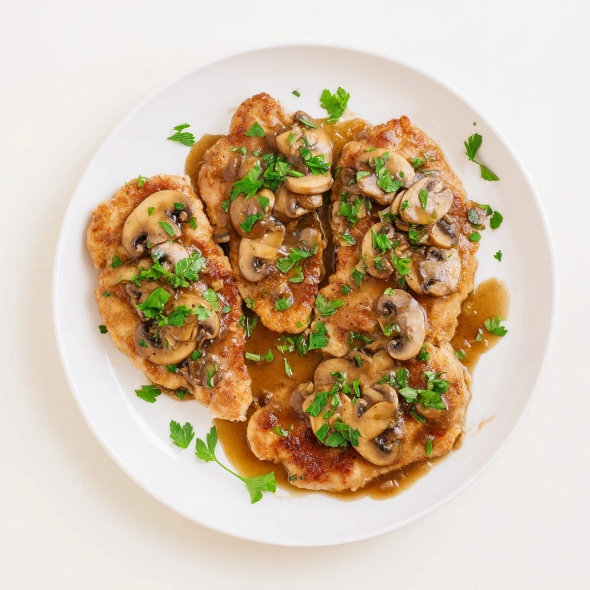 Savory Chicken Marsala with Mushrooms featuring pan-cooked chicken and earthy cremini mushrooms in a glossy, aromatic sauce, garnished with fresh parsley and ready to serve.