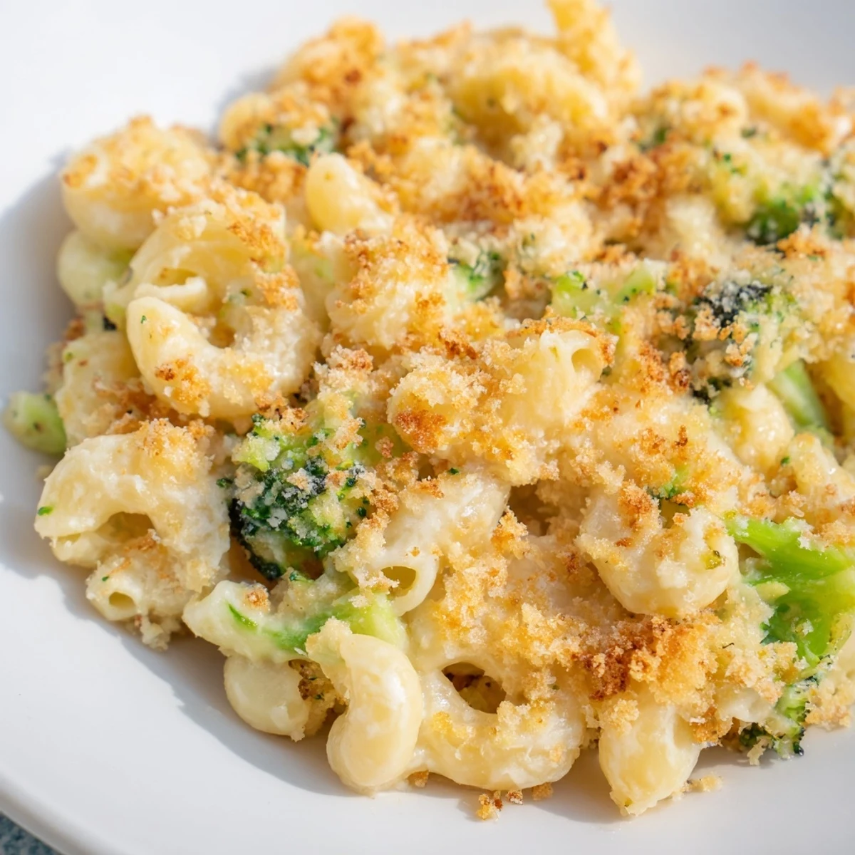 Golden-brown baked macaroni and cheese with tender broccoli florets and a crispy panko topping in a baking dish.  