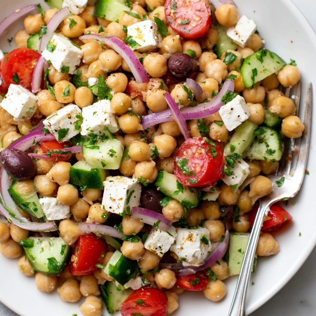 A close-up Mediterranean Chickpea Salad with Feta shows chopped cucumbers, cherry tomatoes, and briny Kalamata olives nestled among chickpeas, all topped with crumbled feta and fresh parsley.