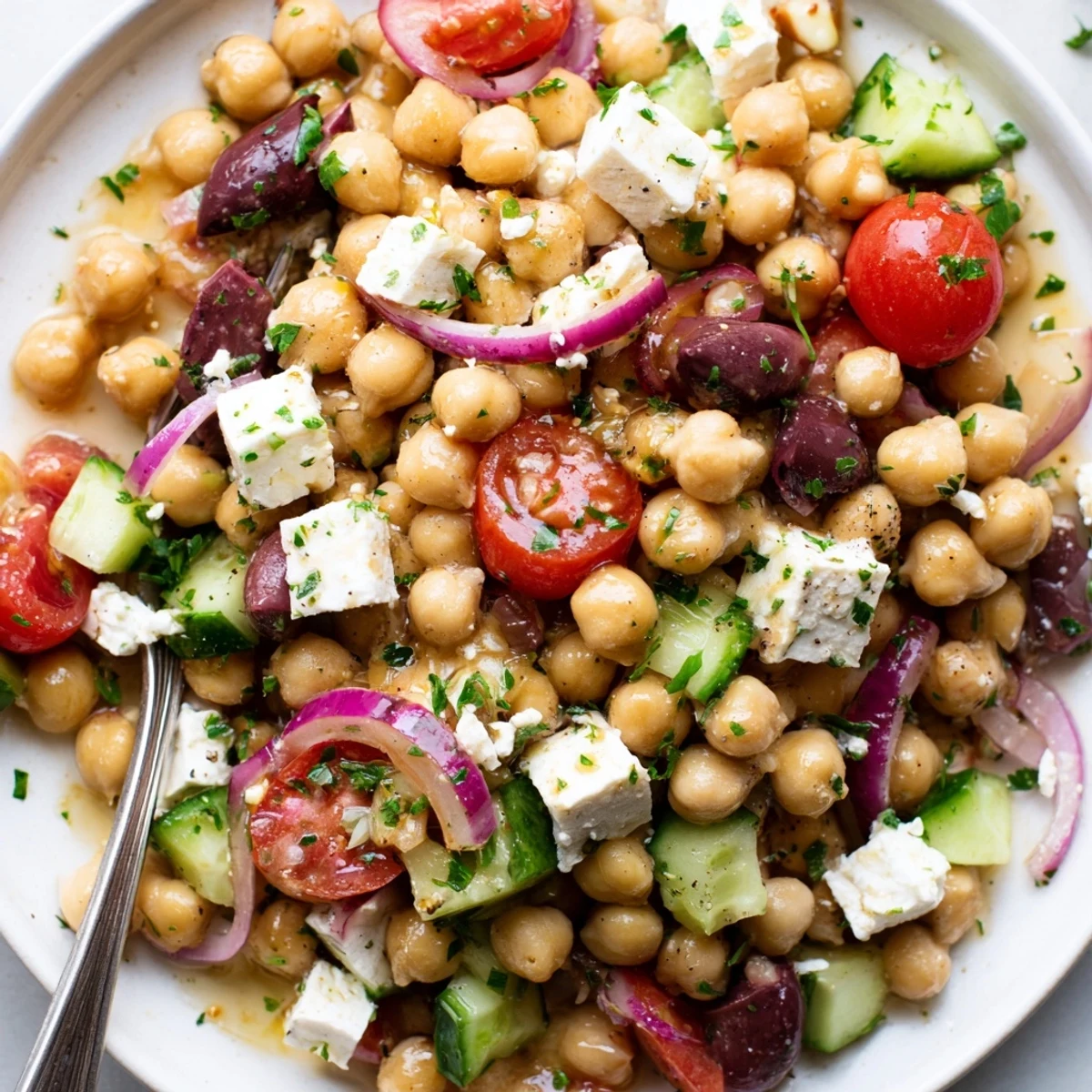 Mediterranean Chickpea Salad with Feta in a white bowl, drenched in a glossy lemon-olive oil dressing; perfect for quick lunches, potlucks, or a refreshing light dinner.
