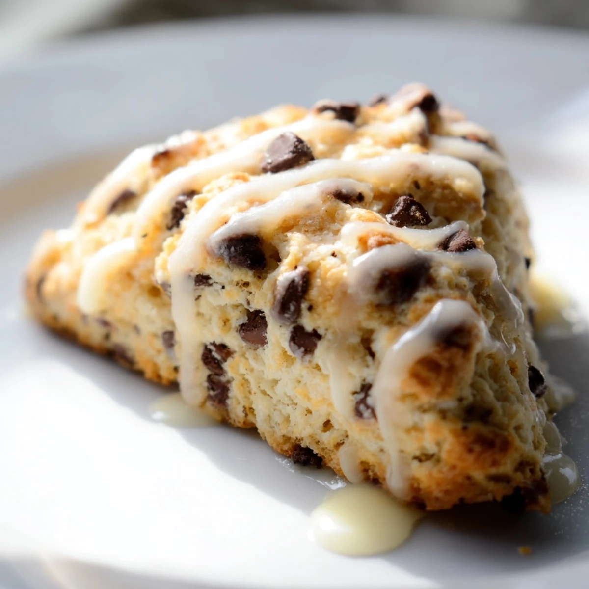 Golden-brown Chocolate Chip Scones with Glaze resting on a wire rack, showcasing tender, buttery interiors and melted chocolate chips.
