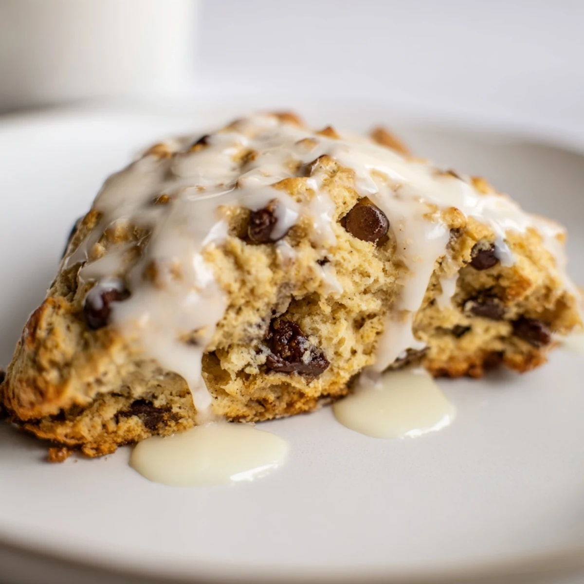 Freshly baked Chocolate Chip Scones with Glaze drizzled with sweet vanilla icing, highlighting a crumbly texture and rich chocolate pockets.