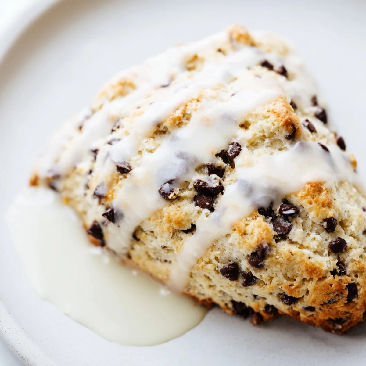 Eight warm Chocolate Chip Scones with Glaze arranged on a rustic wooden table, perfect for a cozy breakfast spread.