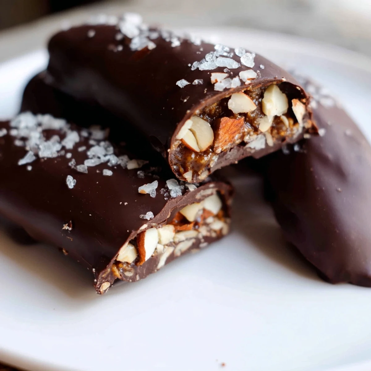 A serving plate featuring Chocolate Covered Dates Stuffed with Almond Butter, paired with a glass of milk and fresh berries.