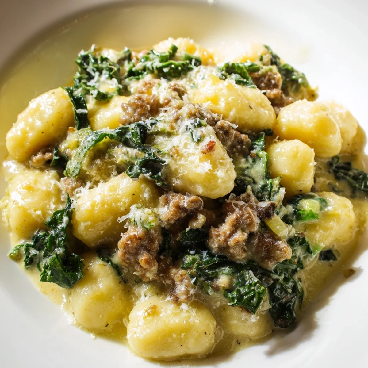 Creamy Gnocchi with Sausage and Kale served warm in a white bowl with a glass of Pinot Grigio.