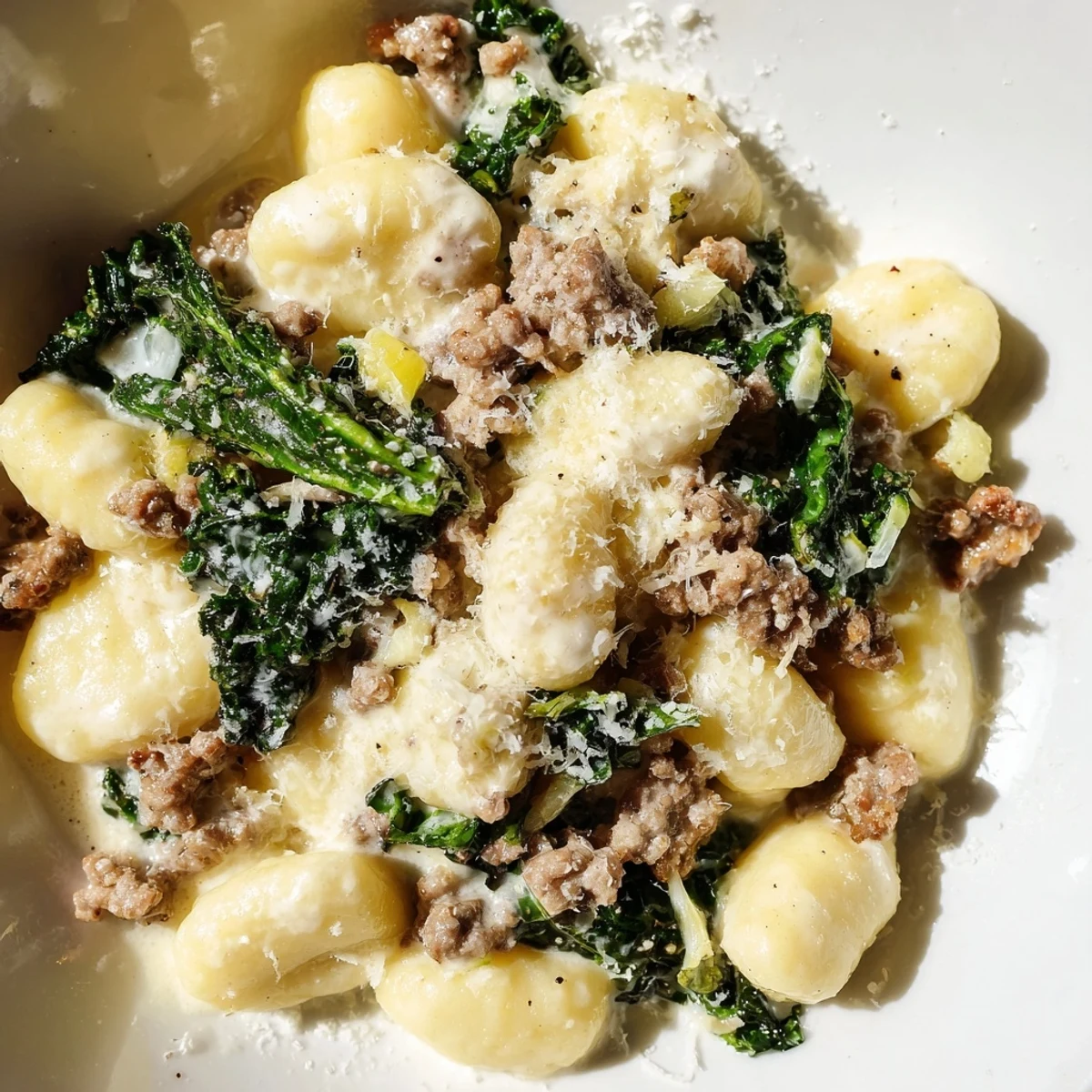 Hearty Creamy Gnocchi with Sausage and Kale topped with extra Parmesan in a rustic skillet.