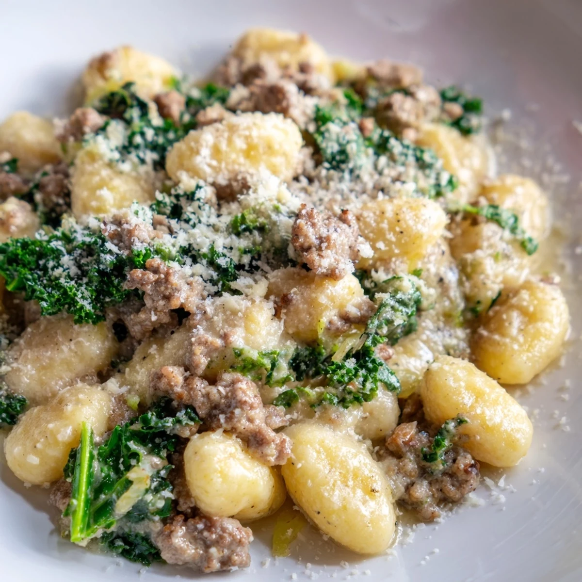 Golden brown Italian sausage and wilted kale tossed in a rich sauce for Creamy Gnocchi with Sausage and Kale.