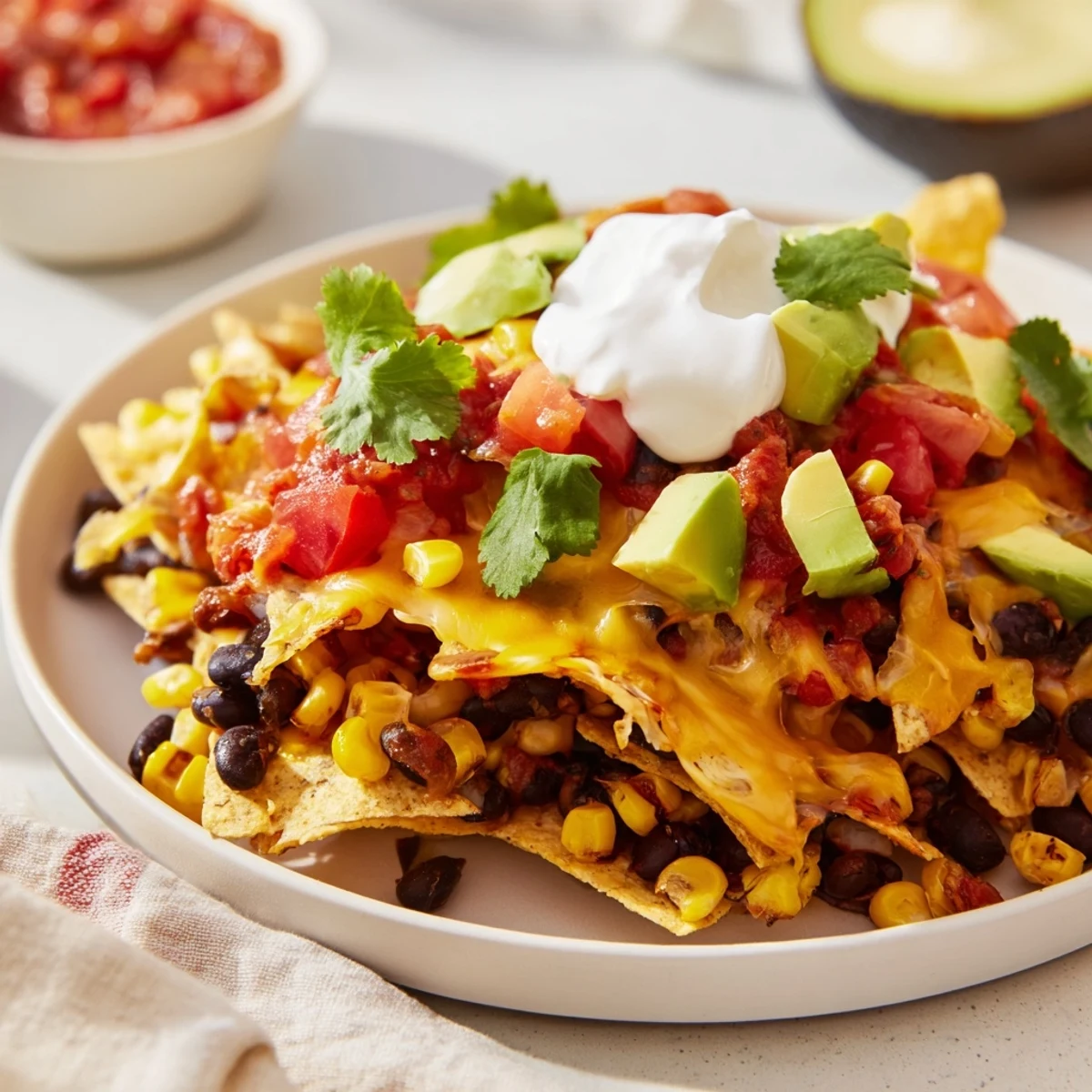 Freshly baked Touchdown Nachos with black beans and corn spill from a cast iron skillet, topped with creamy avocado and sour cream for game day.