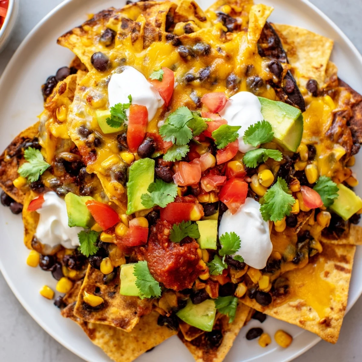 Touchdown Nachos with black beans and corn feature colorful toppings like jalapeños and cilantro, paired with lime wedges on a festive game day spread.